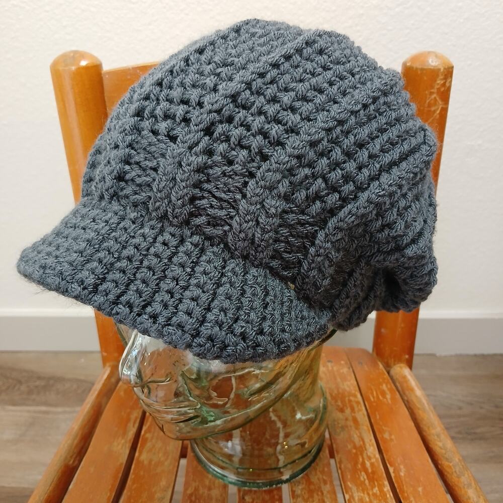 Charcoal Grey Slouchy with a Brim OSFM premade crochet newsboy handmade